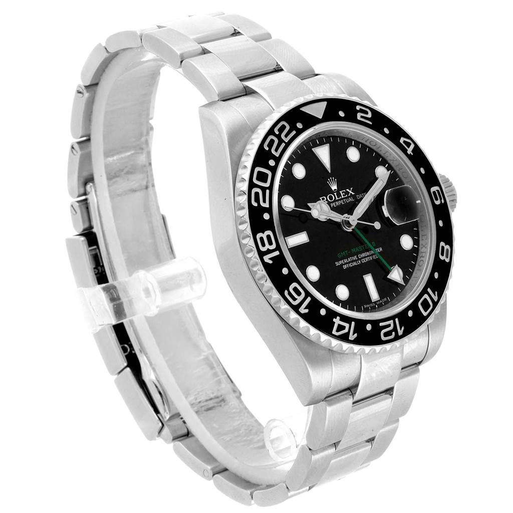 The Rolex GMT-Master 116710 Men
s Stainless Steel Black Dial 116710 Men
s Stainless Steel Black Dial watch is shown from a side angle, highlighting the bezel, dial, bracelet, and crown.
