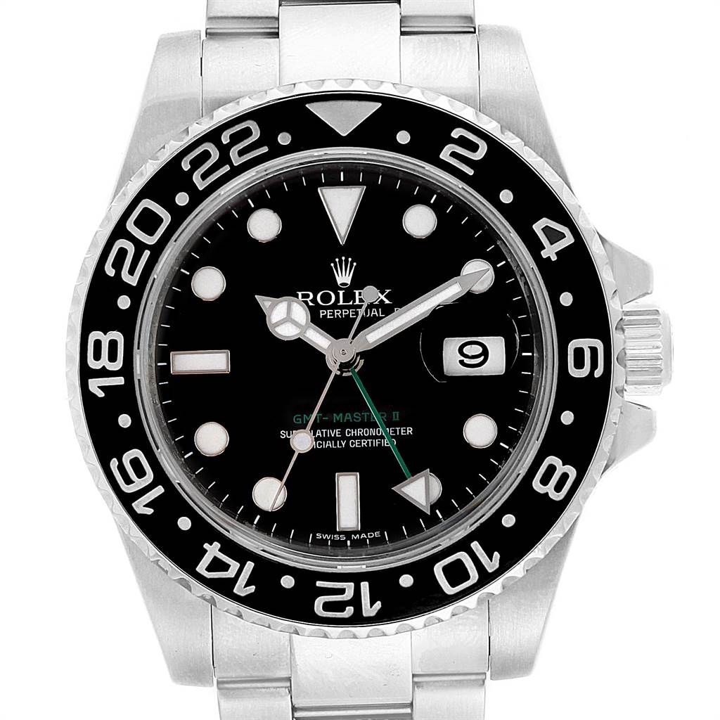 Front view of a Rolex GMT-Master 116710 Men
s Stainless Steel Black Dial 116710 Men
s Stainless Steel Black Dial II watch, showing the dial, bezel, hands, and part of the bracelet.