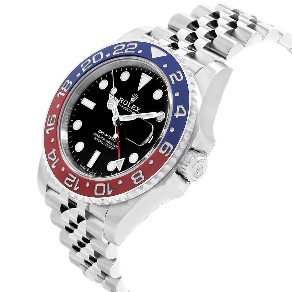This image of the Rolex GMT-Master 126710 Men's Stainless Steel Black Dial 126710 Men's Stainless Steel Black Dial watch shows the face, bezel, and bracelet from an angled side view.