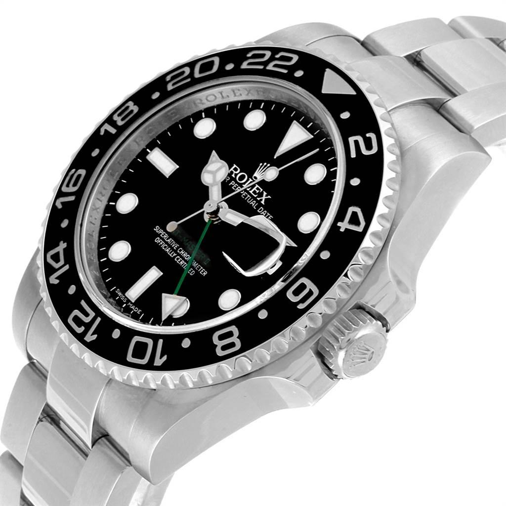 The image shows a side and slightly top view of a Rolex GMT-Master 116710 Men's Stainless Steel Black Dial 116710 Men's Stainless Steel Black Dial watch, highlighting the bezel, dial, crown, and part of the bracelet.