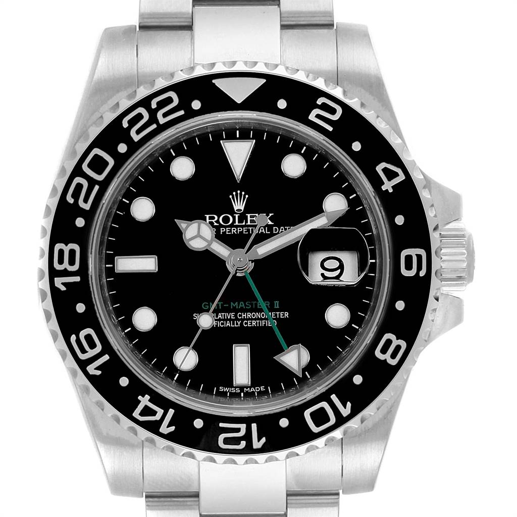 The Rolex GMT-Master 116710 Men's Stainless Steel Black Dial 116710 Men's Stainless Steel Black Dial watch is shown from a front angle, displaying the dial, bezel, and part of the bracelet.