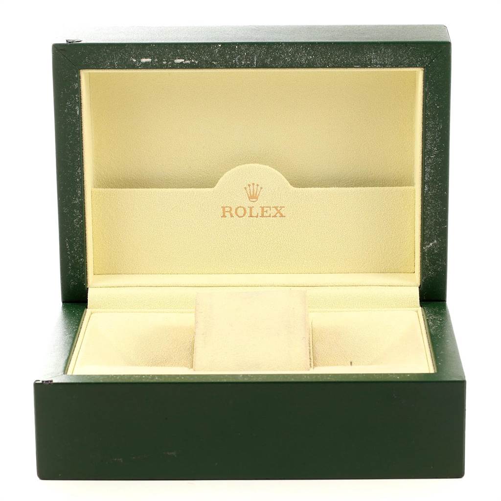 This is the open green and beige box for the Rolex GMT-Master 116710 Men's Stainless Steel Black Dial 116710 Men's Stainless Steel Black Dial model, with "Rolex" branded inside.