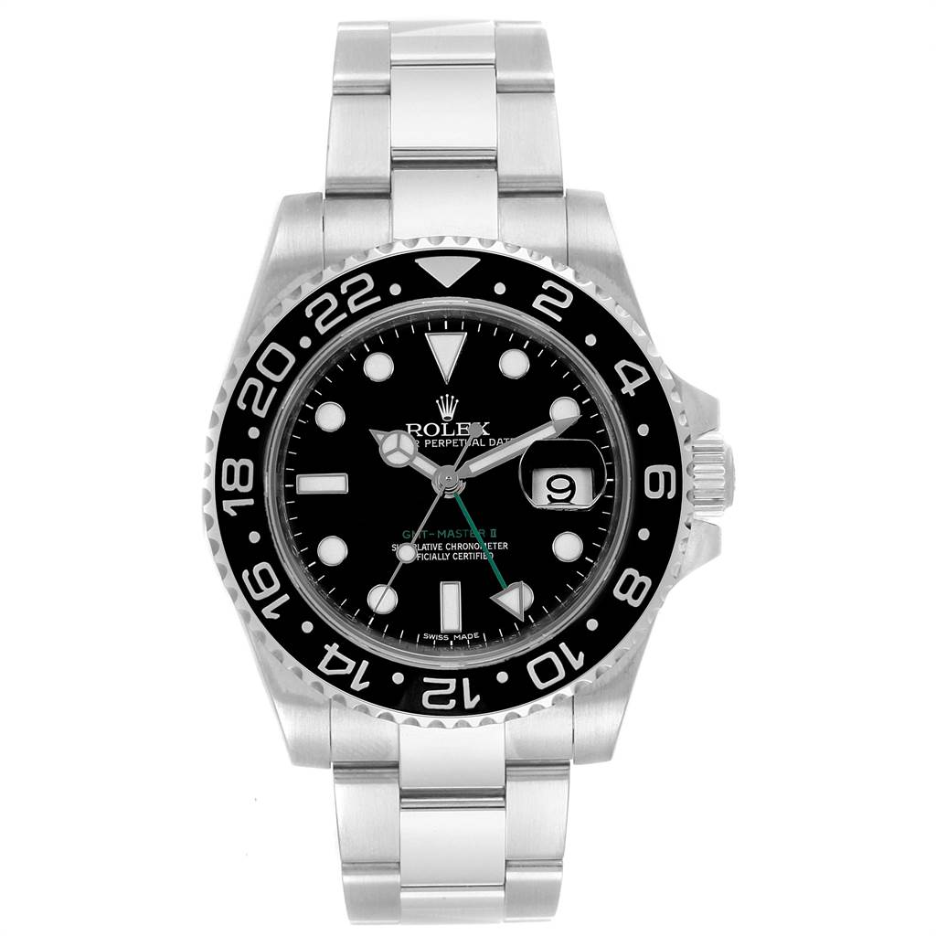 This image shows a front view of a Rolex GMT-Master 116710 Men's Stainless Steel Black Dial 116710 Men's Stainless Steel Black Dial II watch, displaying the dial, bezel, and bracelet.