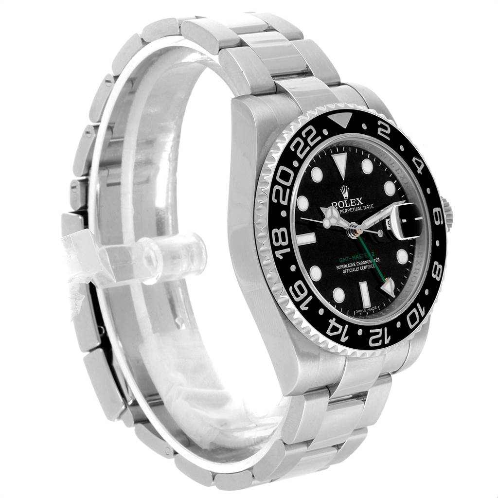 This Rolex GMT-Master 116710 Men's Stainless Steel Black Dial 116710 Men's Stainless Steel Black Dial watch is shown from a front-side angle, featuring its bezel, dial, case, and bracelet.