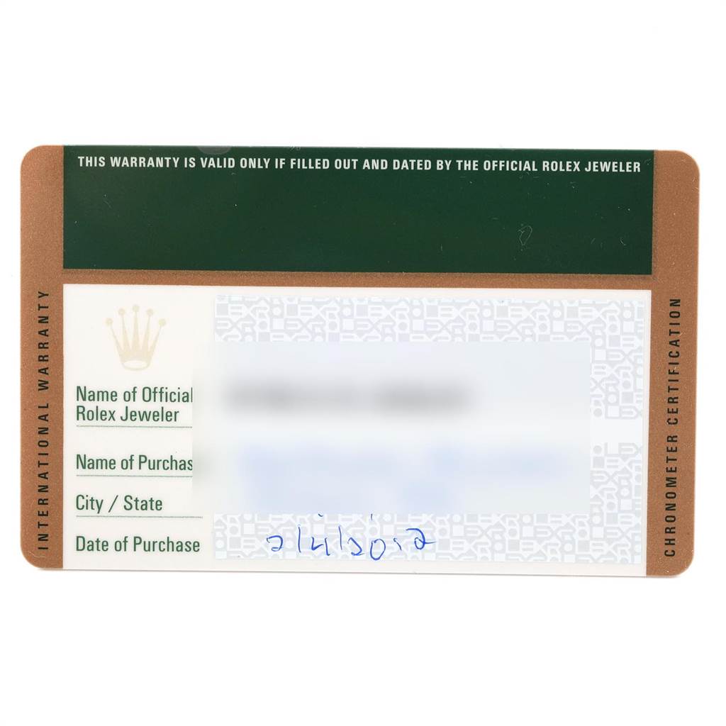 This is the International Warranty card for a Rolex GMT-Master 116713 Men's Stainless Steel Black Dial 116713 Men's Stainless Steel Black Dial watch.