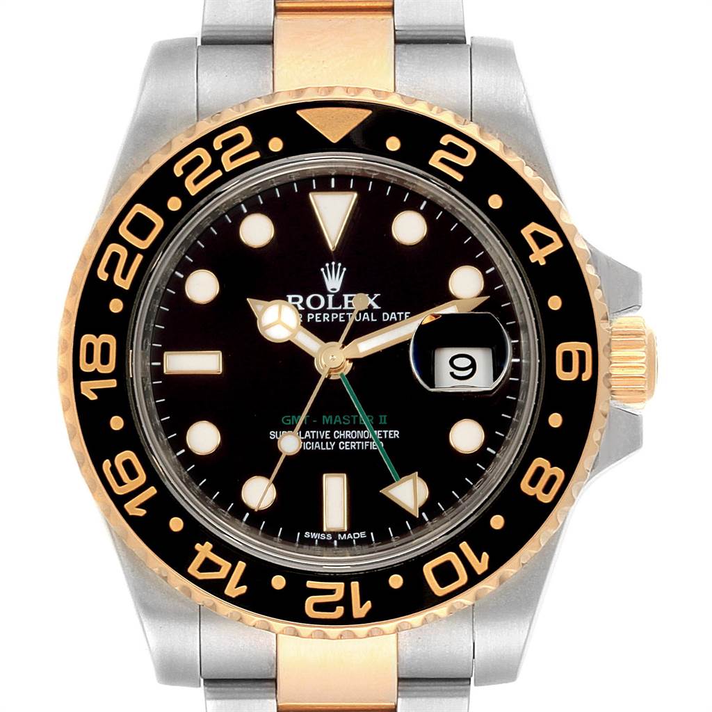 This image shows a front view of the Rolex GMT-Master 116713 Men's Stainless Steel Black Dial 116713 Men's Stainless Steel Black Dial II watch, highlighting its dial, bezel, and date display.
