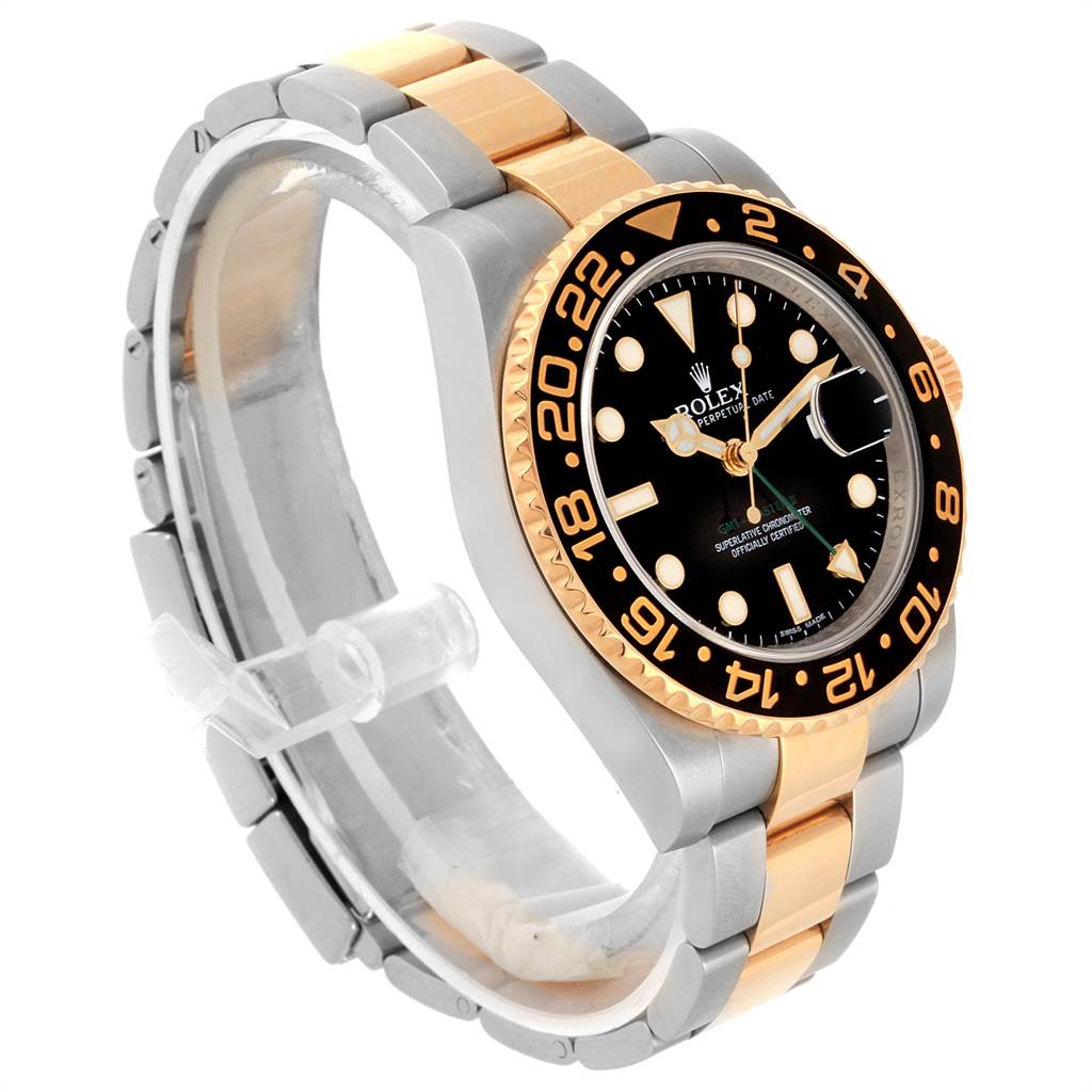The image shows a Rolex GMT-Master 116713 Men's Stainless Steel Black Dial 116713 Men's Stainless Steel Black Dial watch from a side angle, highlighting its two-tone bracelet and black bezel with a gold accent.