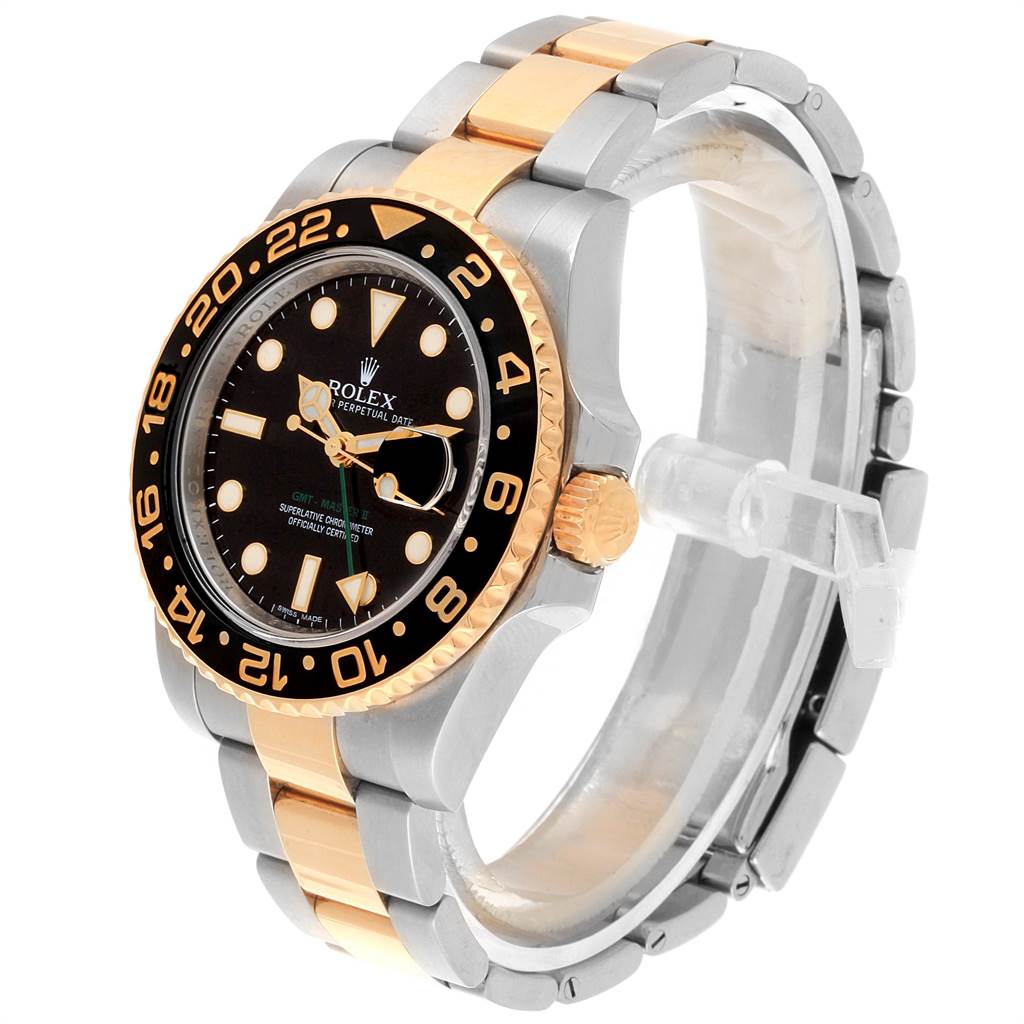 The image shows a Rolex GMT-Master 116713 Men's Stainless Steel Black Dial 116713 Men's Stainless Steel Black Dial watch at a three-quarter angle, highlighting its gold bezel, black dial, and two-tone bracelet.