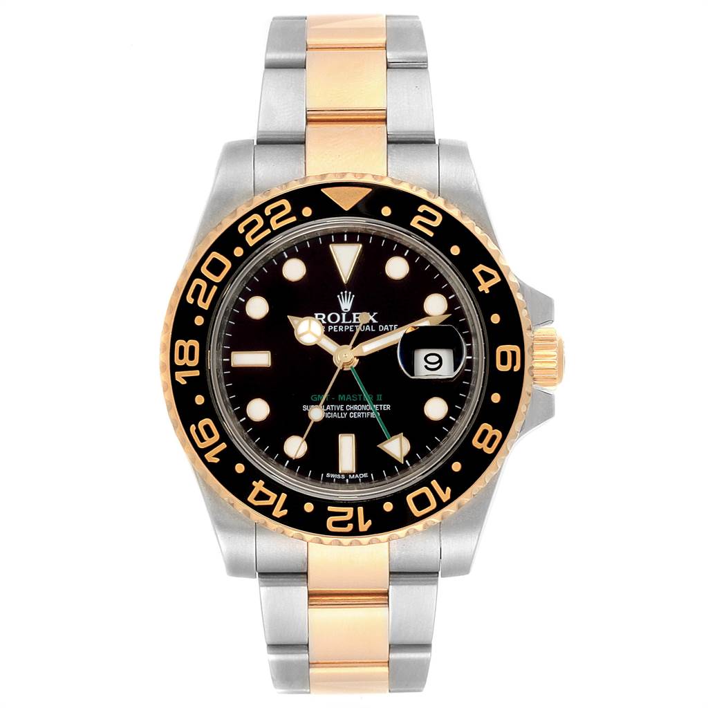 The image shows a front view of the Rolex GMT-Master 116713 Men's Stainless Steel Black Dial 116713 Men's Stainless Steel Black Dial watch, highlighting the bezel, dial, and two-tone metal bracelet.