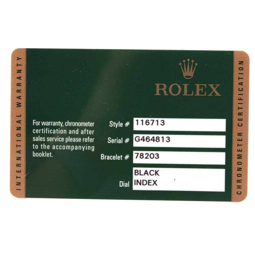 This image shows the warranty card for a Rolex GMT-Master 116713 Men's Stainless Steel Black Dial 116713 Men's Stainless Steel Black Dial model, displaying style, serial, bracelet numbers, and dial information.
