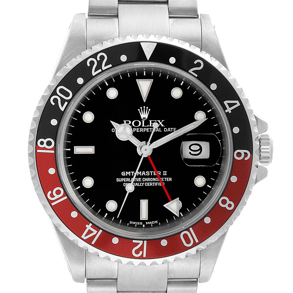 The image shows the front view of a Rolex GMT-Master 16710 Men's Stainless Steel Black Dial 16710 Men's Stainless Steel Black Dial II watch, highlighting the dial, bezel, crown, and part of the bracelet.