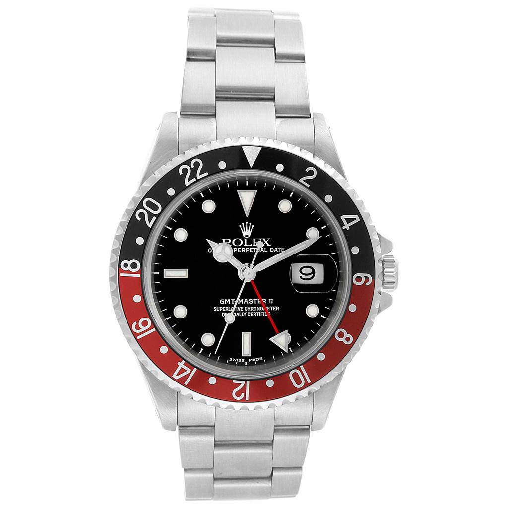 The image shows a frontal view of the Rolex GMT-Master 16710 Men's Stainless Steel Black Dial 16710 Men's Stainless Steel Black Dial II watch, displaying the bezel, dial, bracelet, and crown.