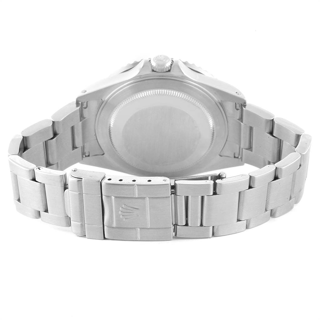 The image shows the back view of a Rolex GMT-Master 16710 Men's Stainless Steel Black Dial 16710 Men's Stainless Steel Black Dial watch, highlighting the case back, bracelet links, and clasp.