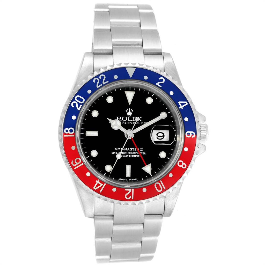 The image shows a front angle of a Rolex GMT-Master 16710 Men's Stainless Steel Black Dial 16710 Men's Stainless Steel Black Dial model watch, highlighting its dial, bezel, and bracelet.