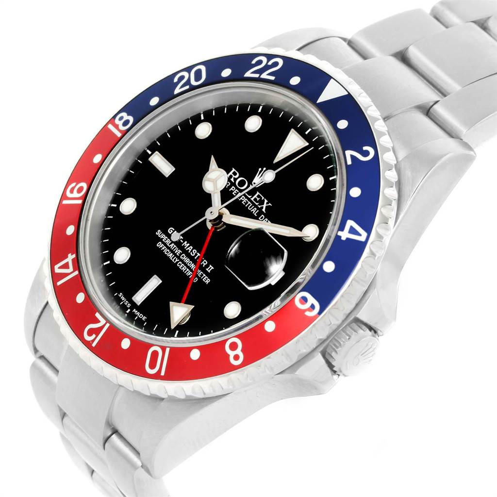 The Rolex GMT-Master 16710 Men's Stainless Steel Black Dial 16710 Men's Stainless Steel Black Dial watch is shown from an angled view highlighting its dial, bezel, and part of the bracelet.