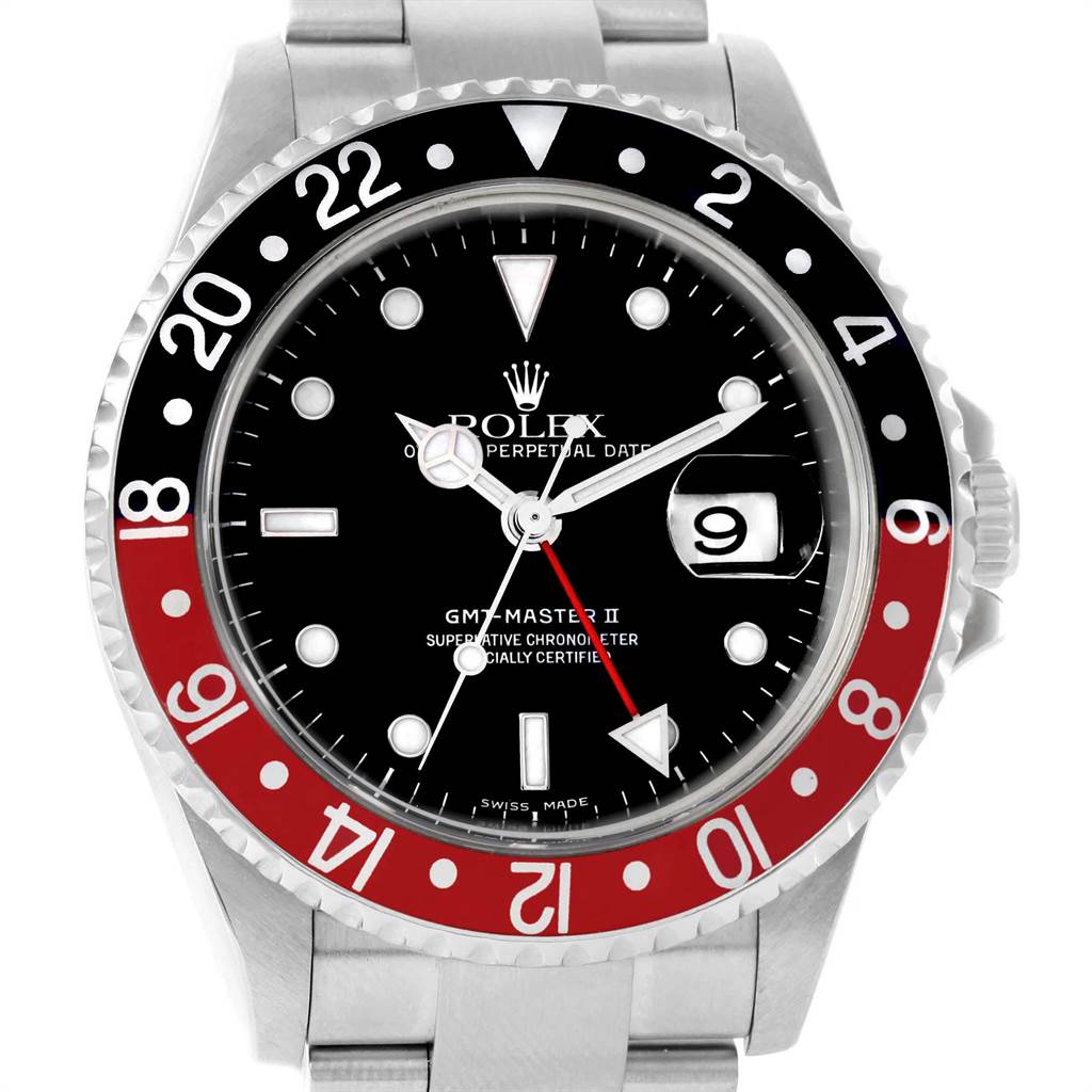 The image shows a front view of the Rolex GMT-Master 16710 Men
s Stainless Steel Black Dial 16710 Men
s Stainless Steel Black Dial II watch, highlighting the dial, bezel, and part of the bracelet.