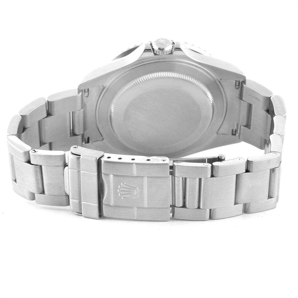 This image shows the back view of the Rolex GMT-Master 16710 Men
s Stainless Steel Black Dial 16710 Men
s Stainless Steel Black Dial, focusing on the case back and the bracelet clasp.