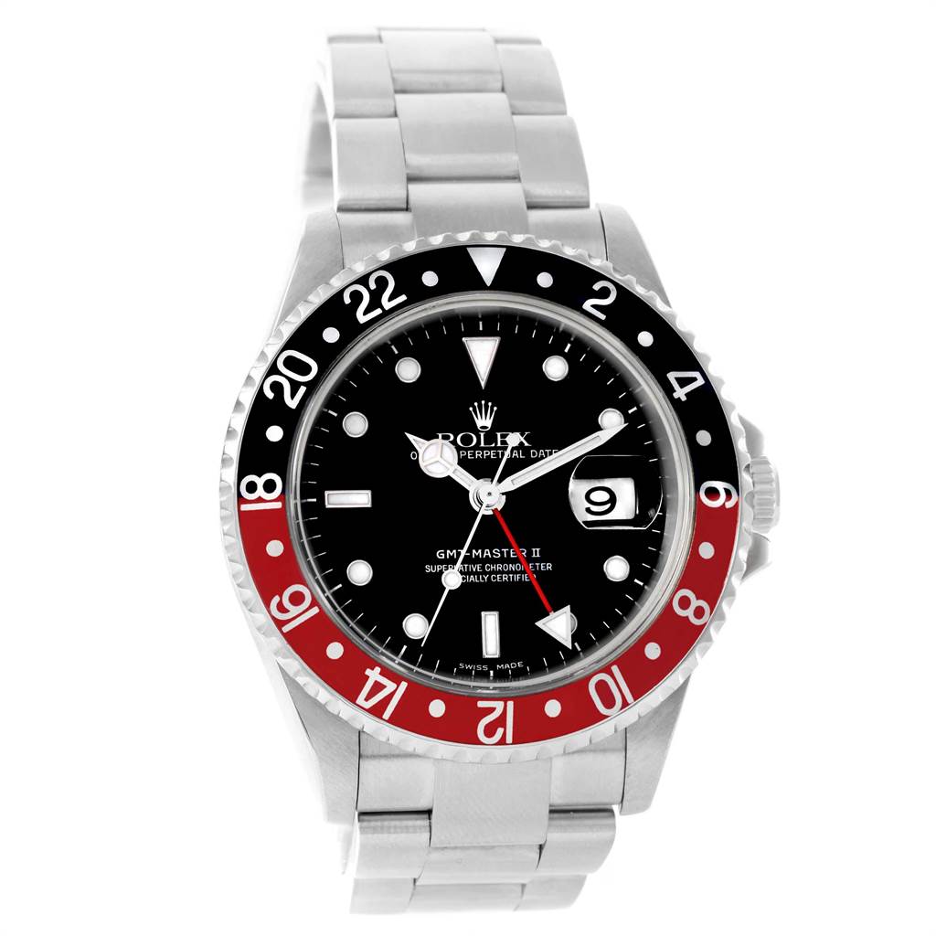 The image shows a front view of a Rolex GMT-Master 16710 Men
s Stainless Steel Black Dial 16710 Men
s Stainless Steel Black Dial II watch, displaying the dial, bezel, and bracelet.