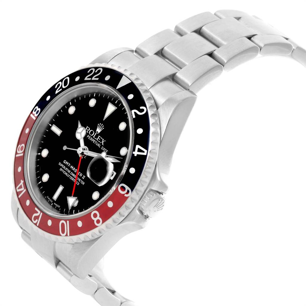 The Rolex GMT-Master 16710 Men
s Stainless Steel Black Dial 16710 Men
s Stainless Steel Black Dial watch is shown at an angled view, highlighting its face, bezel, crown, and part of the bracelet.