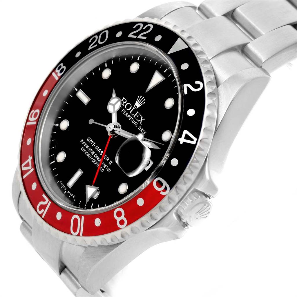 The image shows a close-up of the Rolex GMT-Master 16710 Men
s Stainless Steel Black Dial 16710 Men
s Stainless Steel Black Dial II watch, highlighting its bezel, dial, and part of the bracelet.