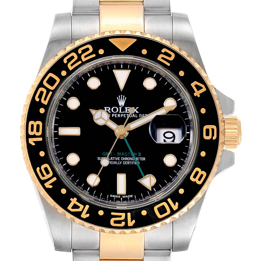 The image shows a frontal view of a Rolex GMT-Master 116713 Men's Stainless Steel Black Dial 116713 Men's Stainless Steel Black Dial watch emphasizing the bezel, dial, hands, and bracelet details.
