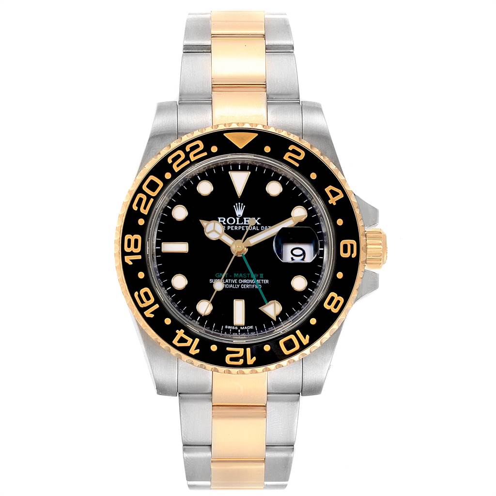 This image shows a front view of the Rolex GMT-Master 116713 Men's Stainless Steel Black Dial 116713 Men's Stainless Steel Black Dial watch, highlighting its black dial, two-tone bracelet, and bezel.