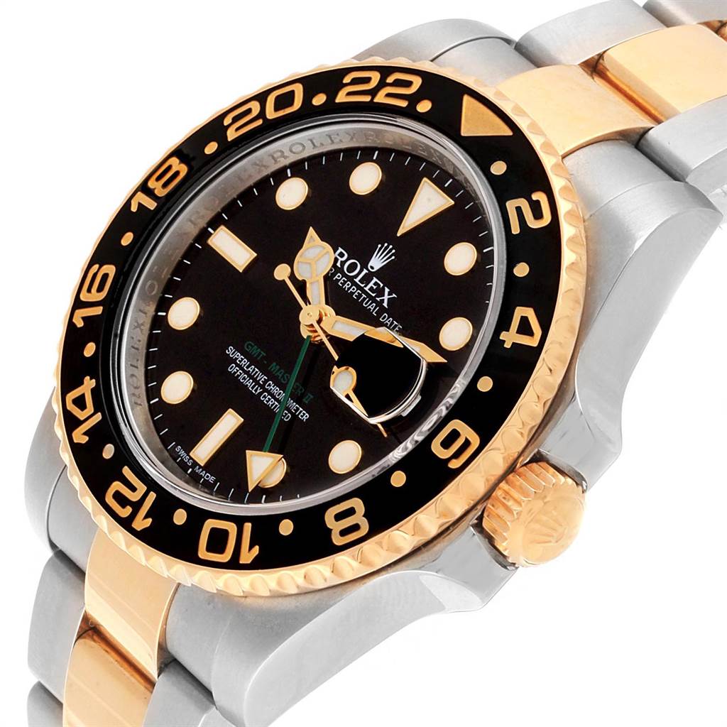 This image shows a Rolex GMT-Master 116713 Men's Stainless Steel Black Dial 116713 Men's Stainless Steel Black Dial watch at an angled view, highlighting the bezel, dial, crown, and part of the bracelet.