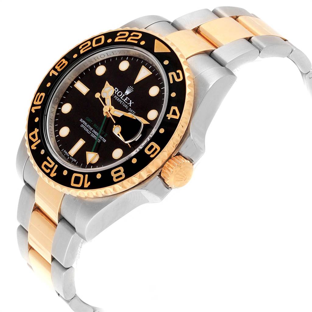 This image shows a side-angle view of the Rolex GMT-Master 116713 Men's Stainless Steel Black Dial 116713 Men's Stainless Steel Black Dial watch, highlighting the case, face, bezel, and bracelet.