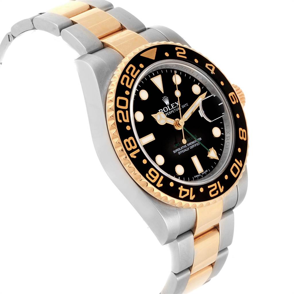 The Rolex GMT-Master 116713 Men's Stainless Steel Black Dial 116713 Men's Stainless Steel Black Dial watch is shown at a three-quarter angle, displaying the face, bezel, and two-tone bracelet.