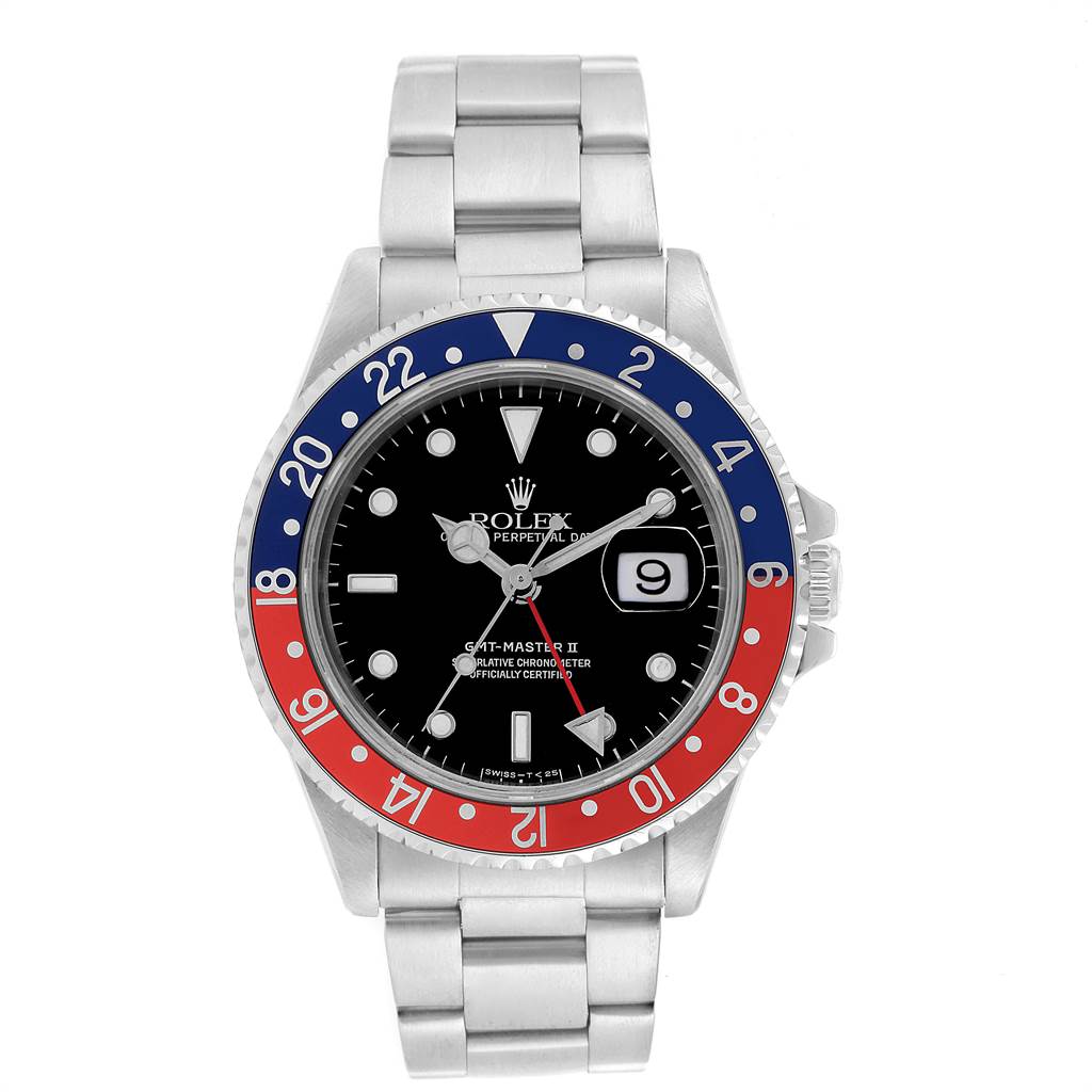 The Rolex GMT-Master 16710 Men's Stainless Steel Black Dial 16710 Men's Stainless Steel Black Dial watch is shown from the front, displaying the dial, bezel, crown, and bracelet.