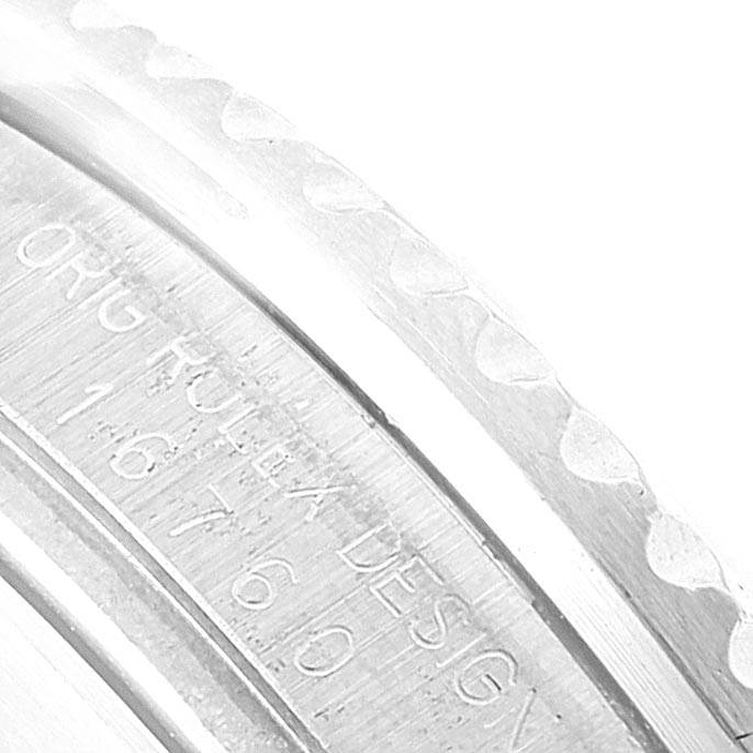 This image shows a close-up of the engraved model details on the case of a Rolex GMT-Master 16760 Men's Stainless Steel Black Dial 16760 Men's Stainless Steel Black Dial watch.