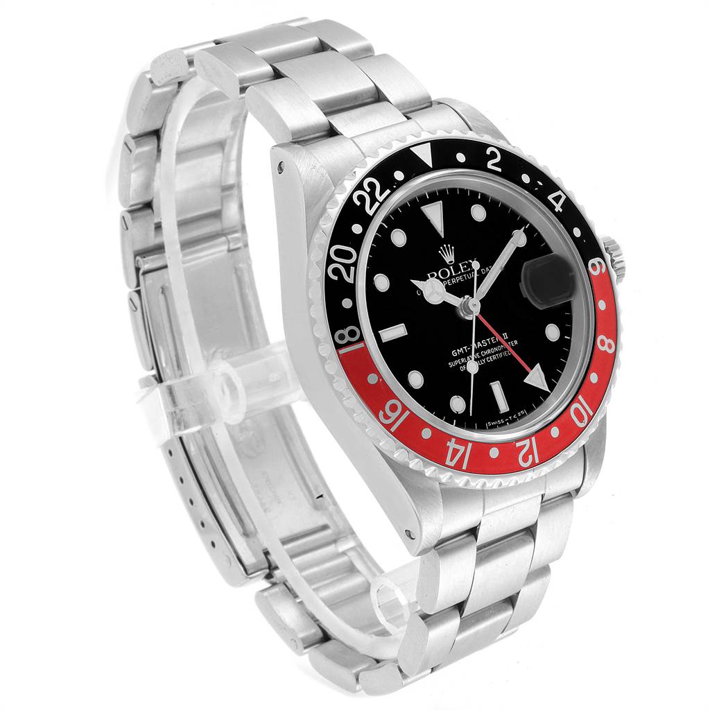 This image shows a Rolex GMT-Master 16760 Men's Stainless Steel Black Dial 16760 Men's Stainless Steel Black Dial watch from a three-quarter angle, highlighting its dial, bezel, and band.