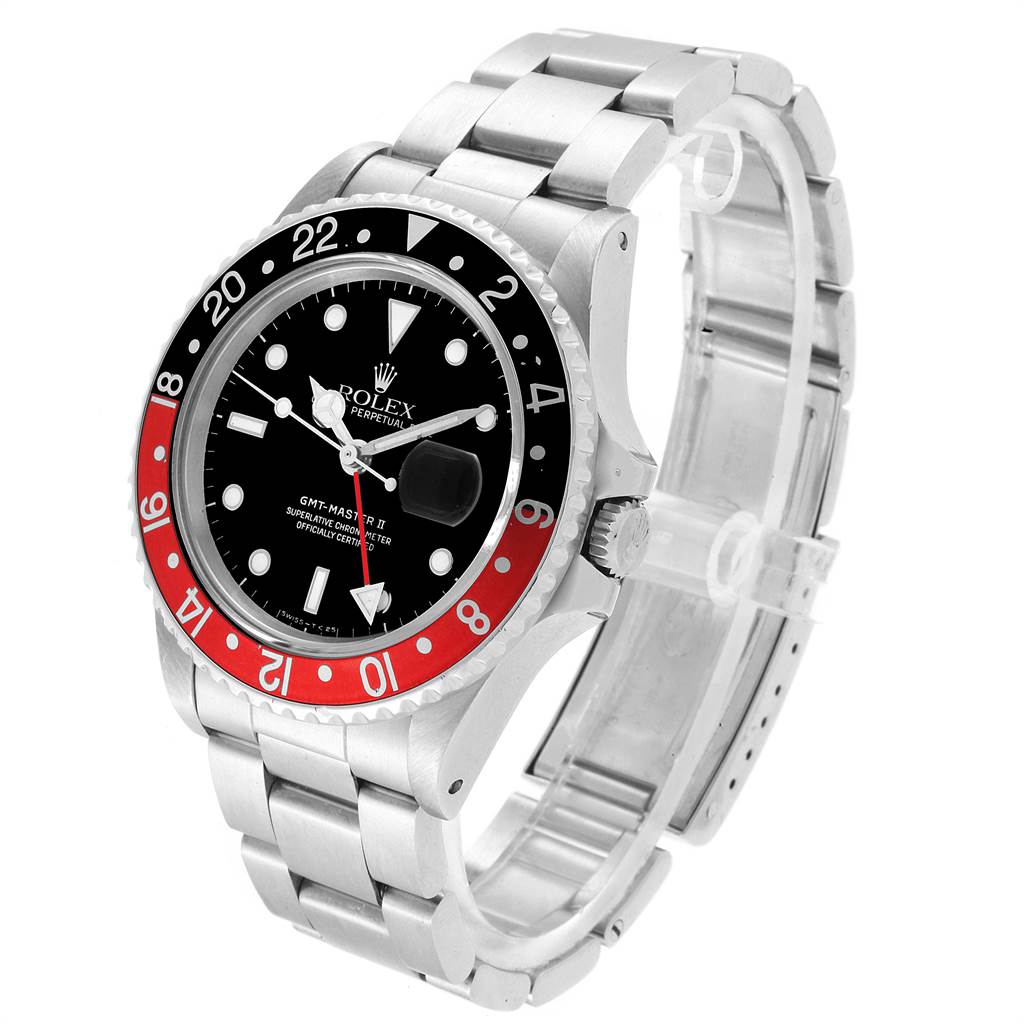 The Rolex GMT-Master 16760 Men's Stainless Steel Black Dial 16760 Men's Stainless Steel Black Dial watch is shown at a three-quarter angle, displaying its face, bezel, crown, and bracelet.