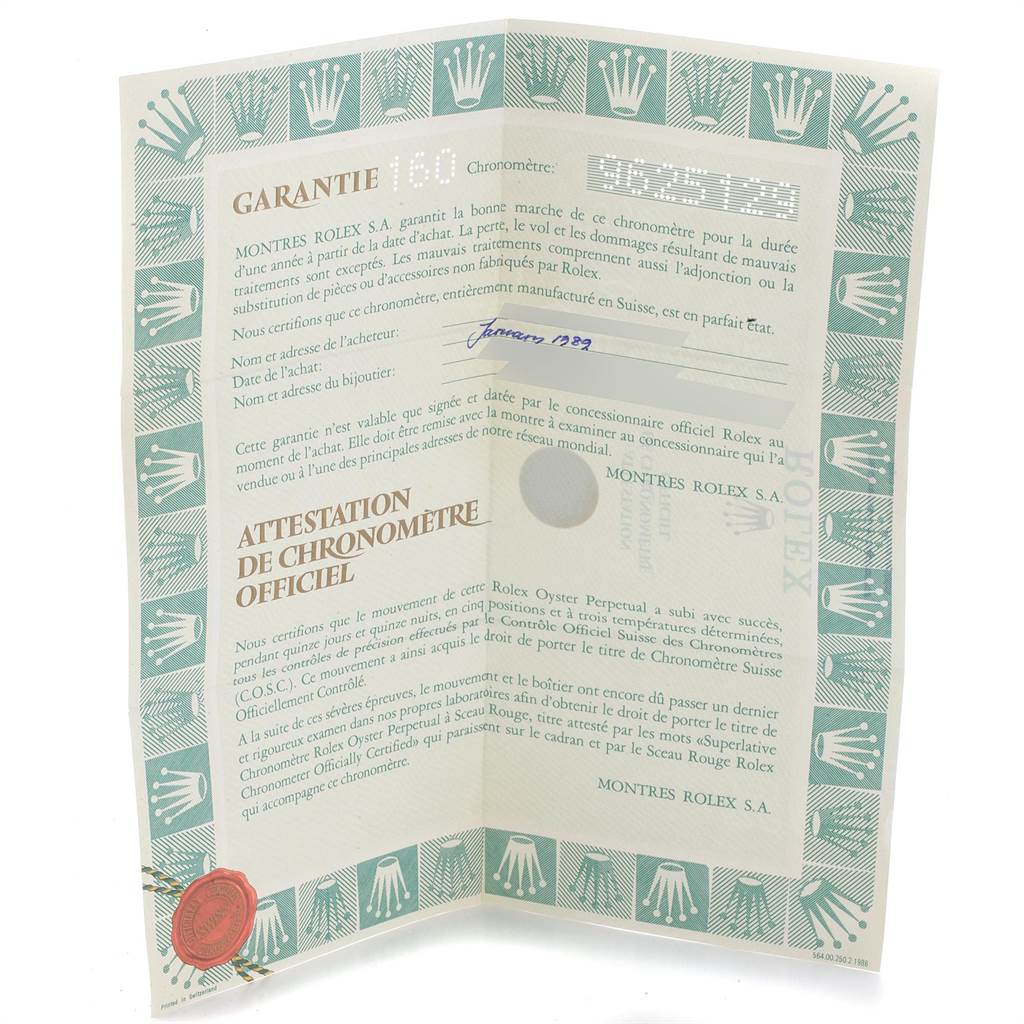 This is a warranty certificate with official chronometer certification for the Rolex GMT-Master 16760 Men's Stainless Steel Black Dial 16760 Men's Stainless Steel Black Dial model.