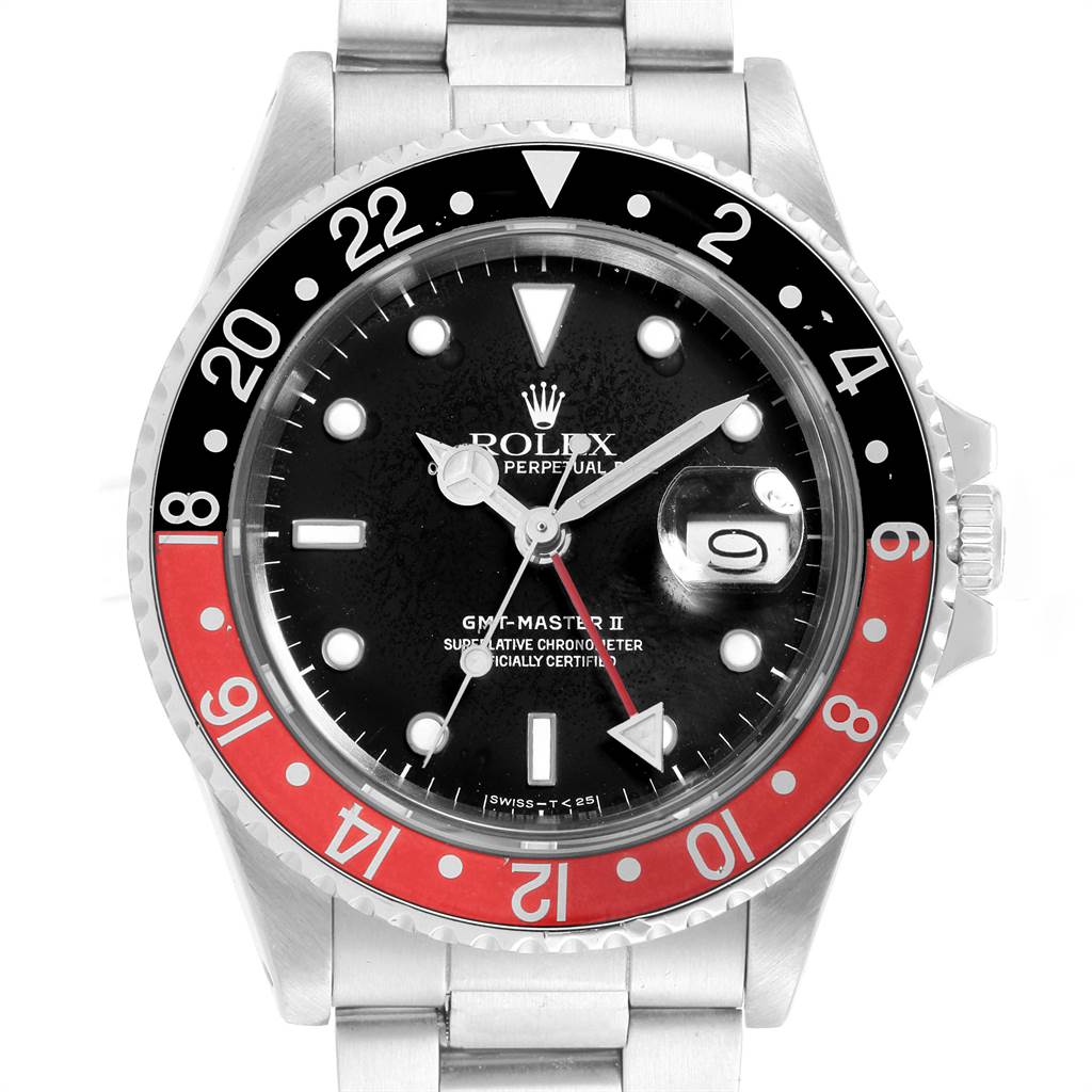 This image shows a front view of the Rolex GMT-Master 16760 Men's Stainless Steel Black Dial 16760 Men's Stainless Steel Black Dial II watch, highlighting the dial, bezel, and part of the bracelet.