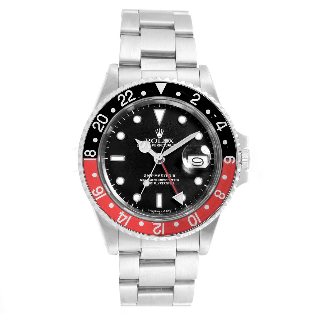 The Rolex GMT-Master 16760 Men's Stainless Steel Black Dial 16760 Men's Stainless Steel Black Dial watch is shown from a front view, displaying the dial, bezel, and bracelet.