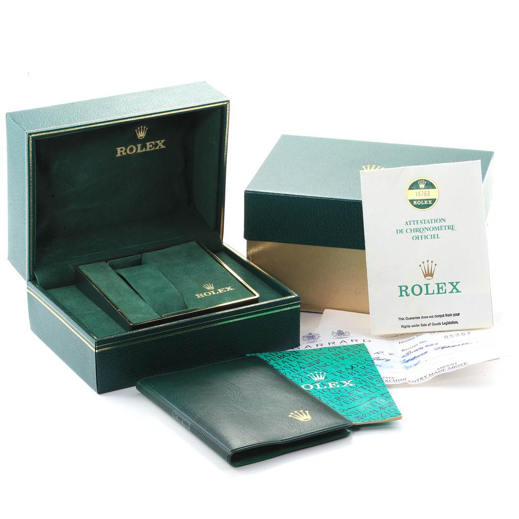 The image shows the original box and documentation for a Rolex GMT-Master 16760 Men's Stainless Steel Black Dial 16760 Men's Stainless Steel Black Dial, including the certificate and booklet.