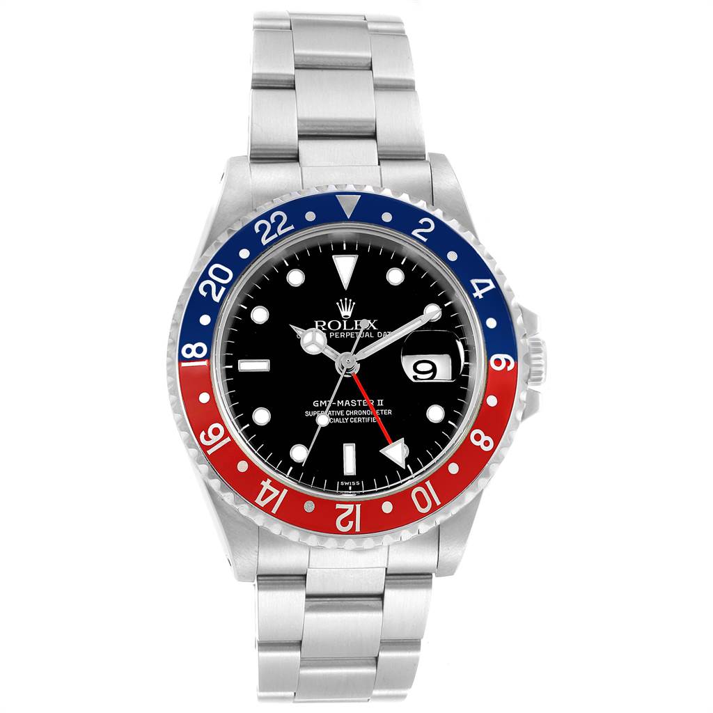 This image shows a front view of the Rolex GMT-Master 16710 Men's Stainless Steel Black Dial 16710 Men's Stainless Steel Black Dial II watch with a 'Pepsi' bezel and stainless steel bracelet.