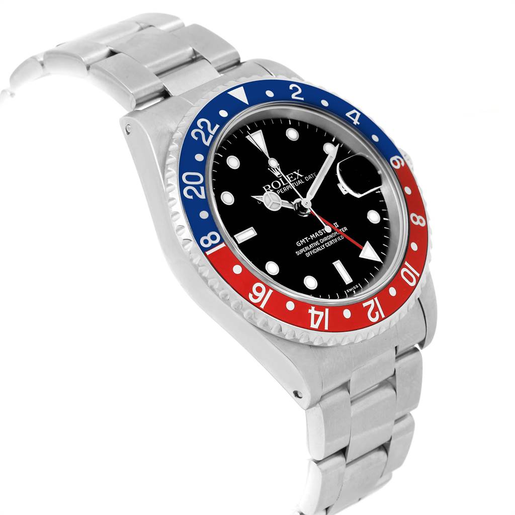 The image shows a Rolex GMT-Master 16710 Men's Stainless Steel Black Dial 16710 Men's Stainless Steel Black Dial II watch at a three-quarter angle displaying the bezel, dial, hands, and bracelet.