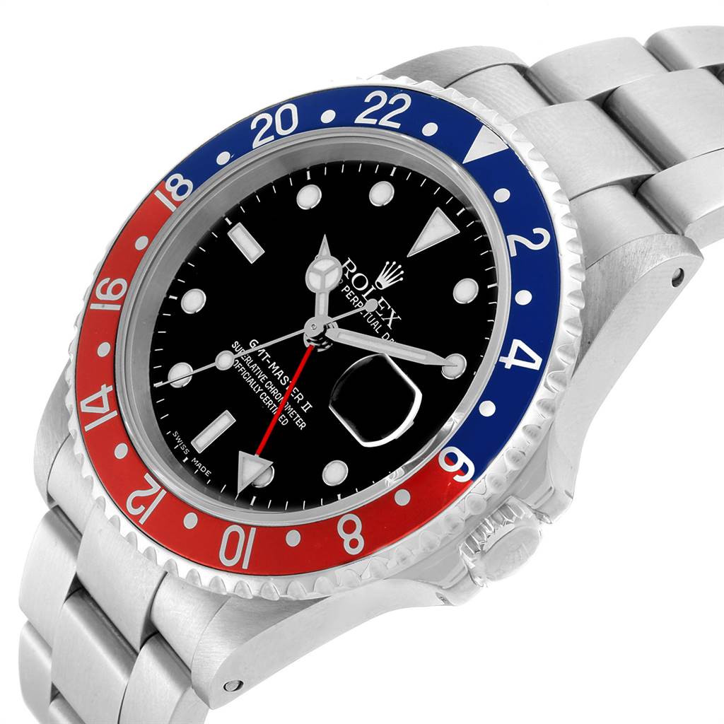 The image shows a side angle of the Rolex GMT-Master 16710 Men's Stainless Steel Black Dial 16710 Men's Stainless Steel Black Dial watch, highlighting the bezel, dial, case, crown, and part of the bracelet.