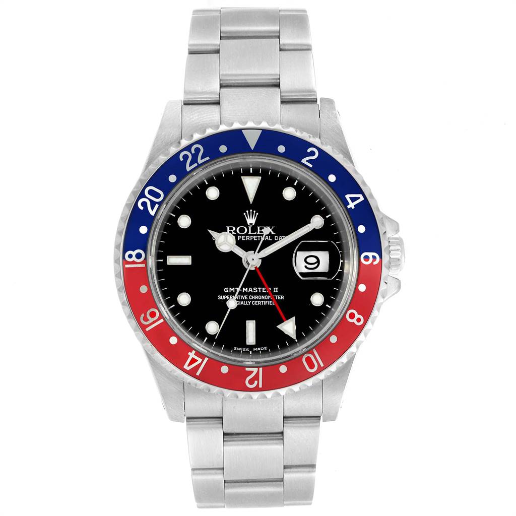 This image shows a frontal view of a Rolex GMT-Master 16710 Men's Stainless Steel Black Dial 16710 Men's Stainless Steel Black Dial watch featuring a 'Pepsi' bezel with red and blue colors.