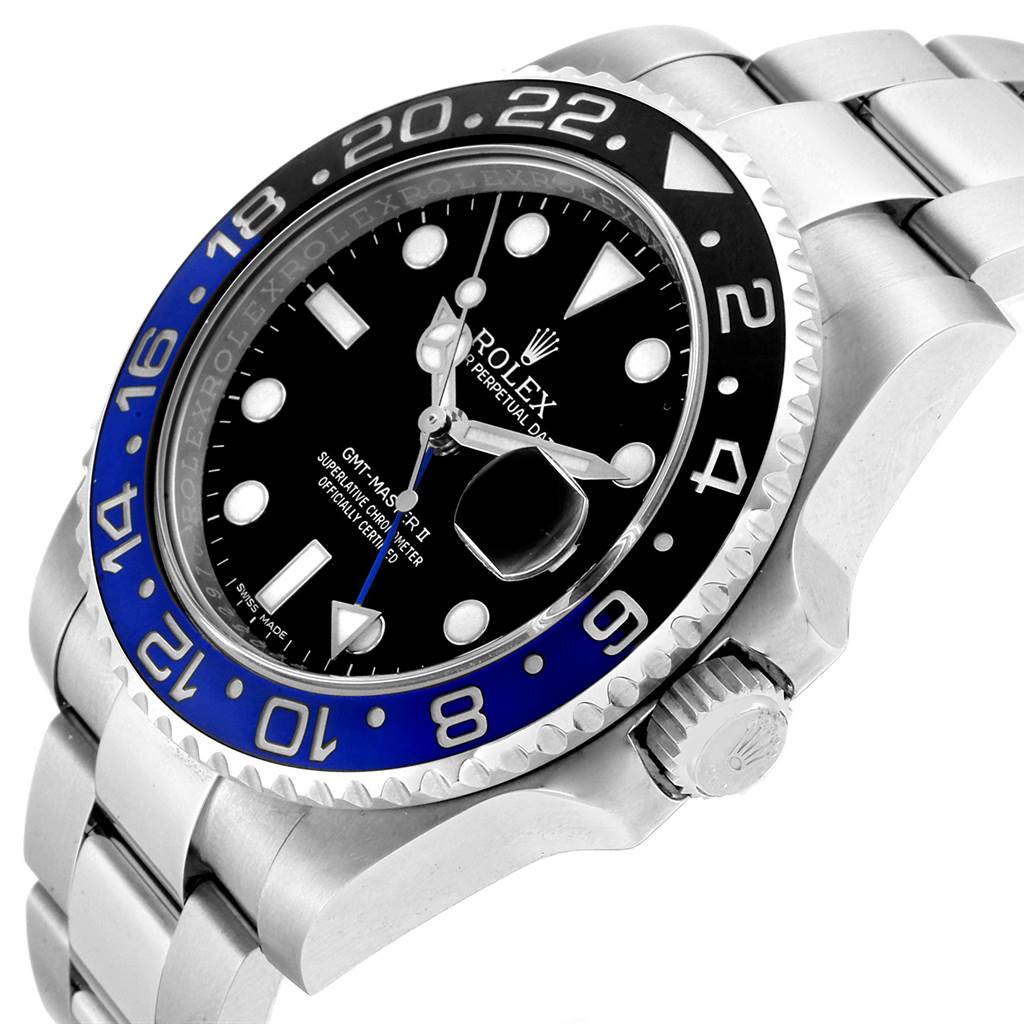 The image shows a Rolex GMT-Master 116710 Men's Stainless Steel Black Dial 116710 Men's Stainless Steel Black Dial II watch, front and side angle, highlighting the bezel, face, crown, and band.