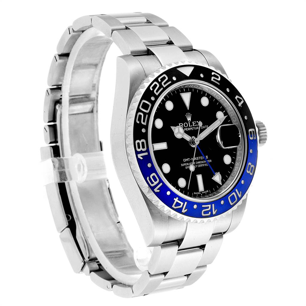 This image shows a Rolex GMT-Master 116710 Men's Stainless Steel Black Dial 116710 Men's Stainless Steel Black Dial watch at a three-quarter angle, highlighting its black and blue bezel and stainless steel bracelet.