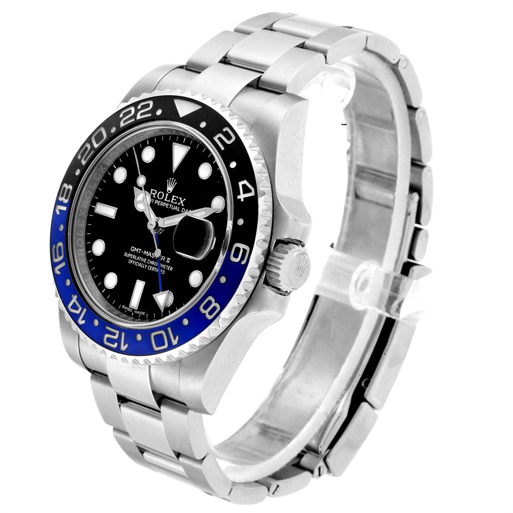 The image shows a side and angled view of a Rolex GMT-Master 116710 Men's Stainless Steel Black Dial 116710 Men's Stainless Steel Black Dial watch, displaying the bezel, face, bracelet, and crown.