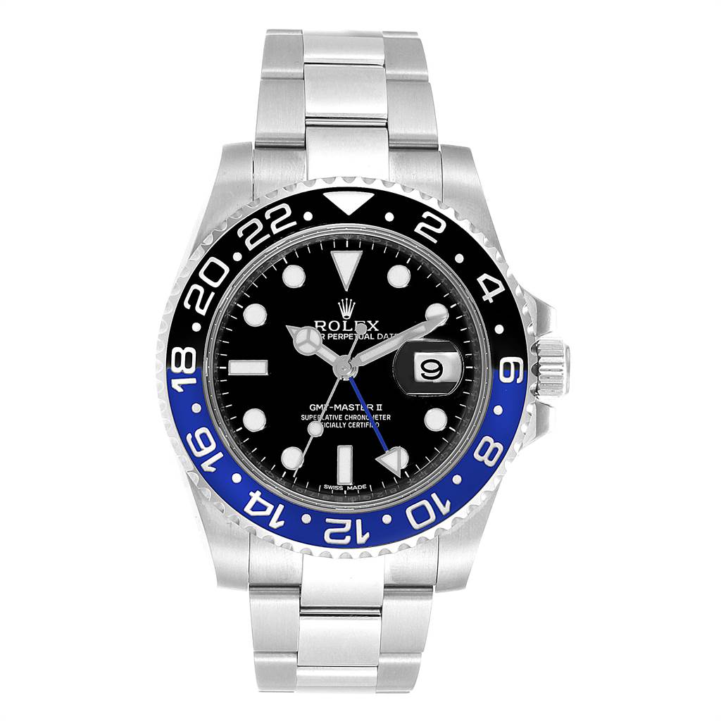 This is a front-angle view of a Rolex GMT-Master 116710 Men's Stainless Steel Black Dial 116710 Men's Stainless Steel Black Dial II watch featuring a black and blue bezel.
