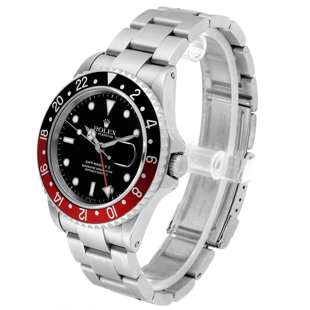 This Rolex GMT-Master 16710 Men's Stainless Steel Black Dial 16710 Men's Stainless Steel Black Dial watch is shown at a 3/4 angle, highlighting the bezel, black dial, and silver bracelet.