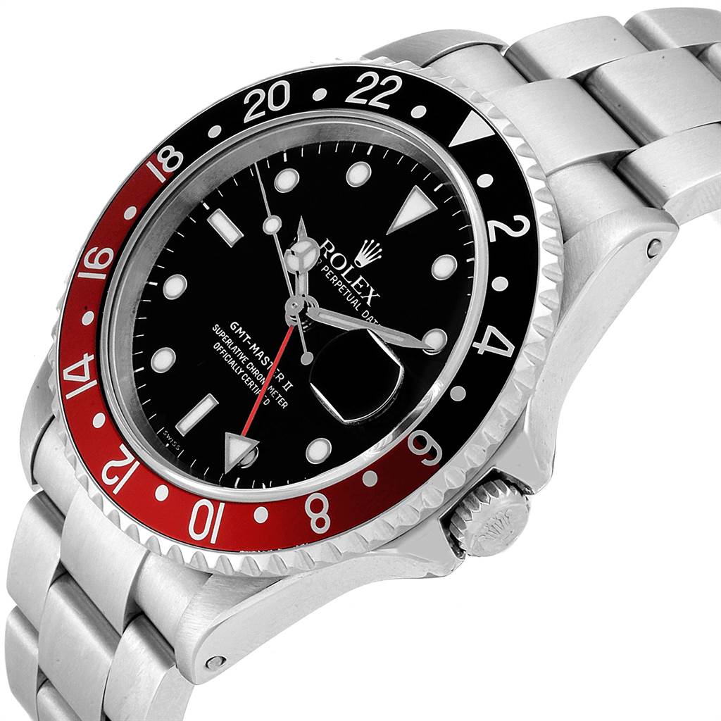The image shows a angled side view of a Rolex GMT-Master 16710 Men's Stainless Steel Black Dial 16710 Men's Stainless Steel Black Dial watch, showcasing its bezel, dial, crown, and part of the bracelet.