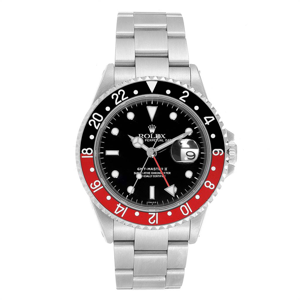 The GMT-Master Rolex watch is shown from a front angle, displaying its face, bezel, and bracelet.