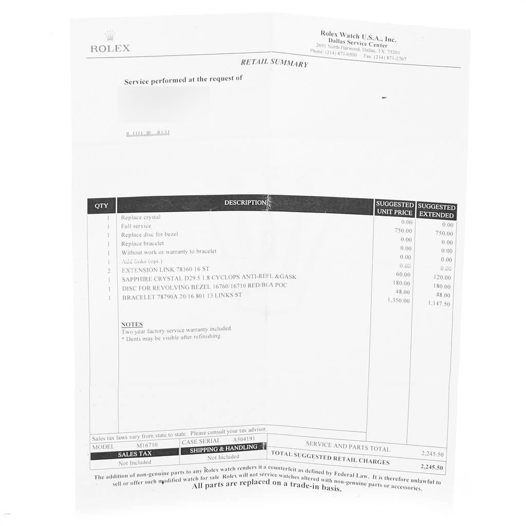 This document lists services and accessories for the Rolex GMT-Master 16710 Men's Stainless Steel Black Dial 16710 Men's Stainless Steel Black Dial, including crystal replacement, bezel disc, and bracelet.