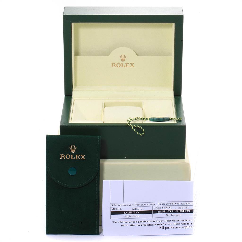 The image displays the packaging and accessories, including a watch box and pouch, for the Rolex GMT-Master 16710 Men's Stainless Steel Black Dial 16710 Men's Stainless Steel Black Dial model.